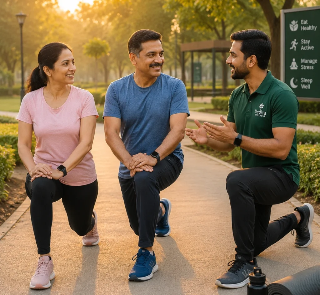 Three friends lunging with a wellness coach