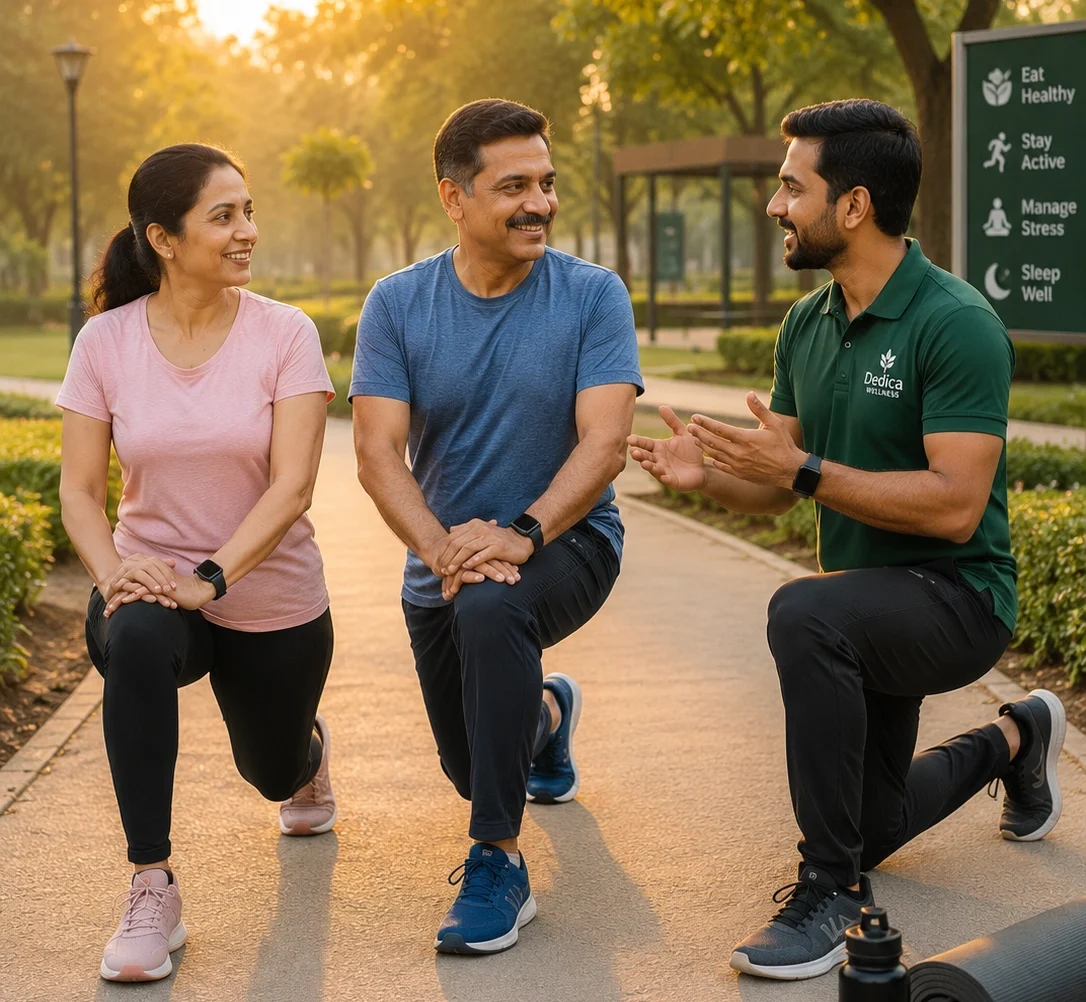 Three friends lunging with a wellness coach